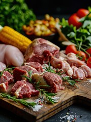Raw chicken and pork with herbs, corn, and salad, close-up, high resolution