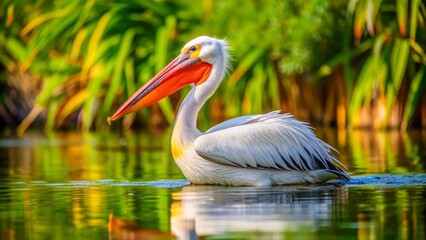 A majestic white pelican with bright orange beak and feathery plumage wades in serene water amidst lush greenery in Senegal's picturesque landscapes.