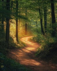 Obraz premium Sunlit Forest Path with Golden Light Rays in Summer, Landscape Photography