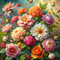 a painting of flowers and leaves with a background