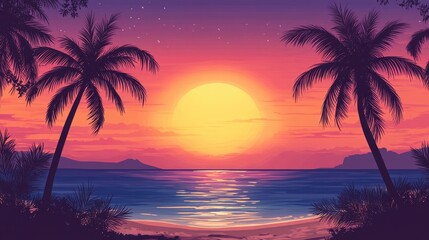 Tropical Sunset Beach with Palm Trees Silhouette, Golden Hour Ocean Scene.
