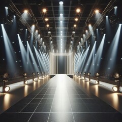 Empty catwalk with many spotlights, fashion event, runway podium stage
