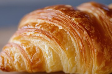 Close-up of Freshly Baked Croissant with Golden Flakes and Layers.