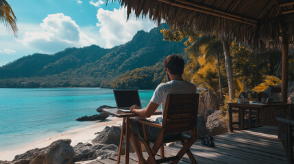 A digital nomad working from an exotic location, such as a tropical beach or mountain cabin, highlighting the freedom of remote work