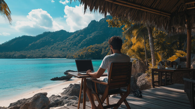 A digital nomad working from an exotic location, such as a tropical beach or mountain cabin, highlighting the freedom of remote work