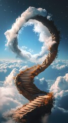 Stone Stairway Leading Through Cloud Arch to Sky with Stars.