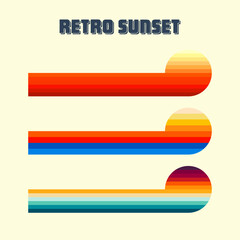 Fototapeta premium Horizontal vintage sunsets. Various colorful striped sunrise badges in 80s and 90s style. Sun and ocean view, summer vibes, surfing. Design element, print, logo or t-shirt. Vector illustration