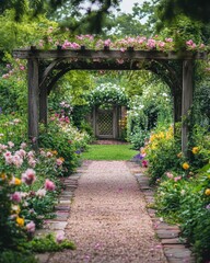 Romantic Garden Path With Wooden Arbor And Blooming Flowers.