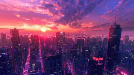Fototapeta premium A dynamic cityscape at dusk with the sky painted in shades of pink and purple, skyscrapers reflecting the colors, and city lights beginning to twinkle, showcasing the beauty of an urban sunset