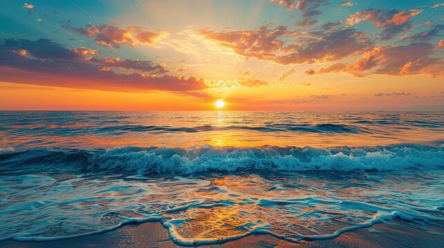 A serene sunset background featuring the sun setting over a calm ocean, the sky painted in warm hues, and gentle waves reflecting the colors, creating a peaceful and picturesque scene