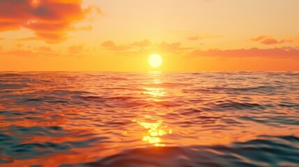 A serene sunset background featuring the sun setting over a calm ocean, the sky painted in warm hues, and gentle waves reflecting the colors, creating a peaceful and picturesque scene