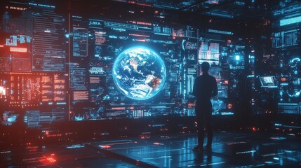 Fototapeta premium A man stands in front of a computer monitor that displays a blue planet