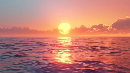 Obraz premium A serene sunset background featuring the sun setting over a calm ocean, the sky painted in warm hues, and gentle waves reflecting the colors, creating a peaceful and picturesque scene