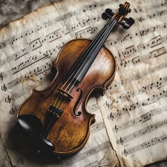 Fototapeta premium Vintage Violin on Old Sheet Music - Music Instrument, Classical Music, Concert, Orchestra, Musical Note, Melody
