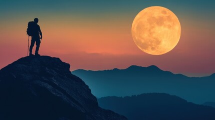 Silhouette of a Hiker Standing on a Mountain Peak with a Full Moon in the Background.
