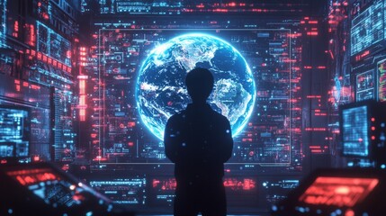 A man stands in front of a computer monitor that displays a glowing blue planet