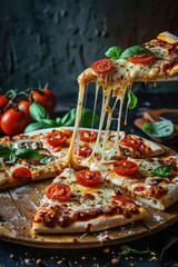 Hand pulling a cheesy pizza slice from the whole, light wooden table, white plate, lemons nearby.