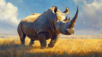 Fototapeta premium Powerful Rhino in Tall Grass: African Wildlife Photography