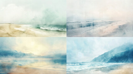 Subtle watercolor washes of misty beach scenes, soft pastel hues, seamless blending, calm and artistic backgrounds 