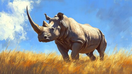 Obraz premium Powerful Rhinoceros in Tall Grass - Wildlife Photography