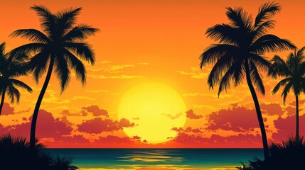 Tropical Sunset with Palm Trees and Ocean Landscape Illustration.