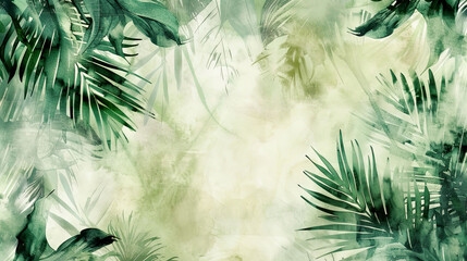 Subtle watercolor washes of tropical greenery, soft pastel greens, seamless blending, calm and artistic backgrounds 
