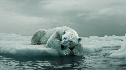 Naklejka premium Polar bear on small polluted ice floe in somber Arctic scene highlights impacts of climate change on environment and uncertain future for these bears.