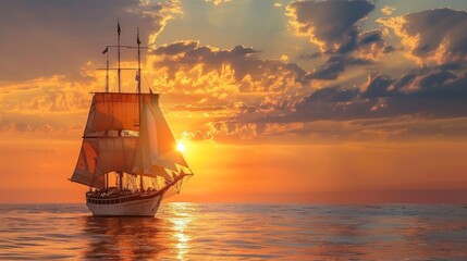 Obraz premium Tranquil sunset scene with sailboat on calm ocean. Striking orange sky, wind-filled sails, flags waving, small boat nearby. Vivid contrast, artistic silhouette.