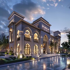 Obraz premium Modern Islamic Architecture with Arched Windows and a Reflecting Pool