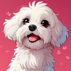 Adorable white dog with expressive eyes against a vibrant pink background.
