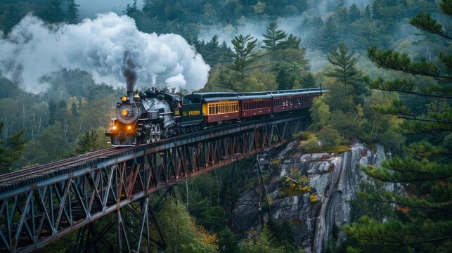 Vintage steam train, black, yellow, and red, crosses high forest bridge emitting smoke and steam. Serene, nostalgic scene of harmonious human-nature blend with waterfall below.