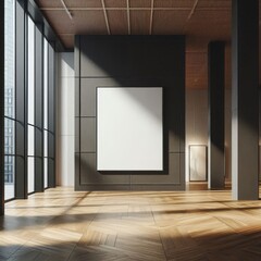 Modern empty gallery interior with mock up place on dark wall, wooden, flooring and windows with daylight. 3D Rendering.
