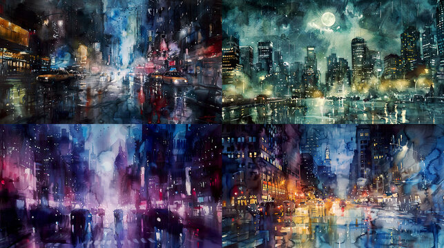 Tranquil moonlit cityscapes in watercolor, featuring layered washes that capture the shimmering reflections and serene atmosphere of nighttime urban scenes