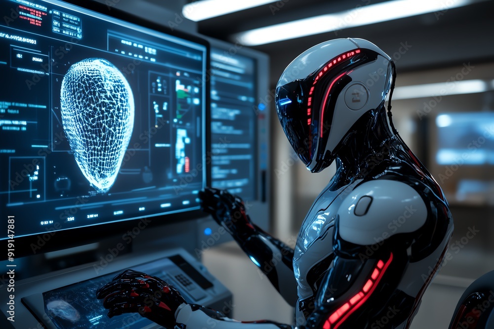 Poster An advanced technology biotech lab where scientists are using CRISPR to engineer new species, with holographic data displays and robotic assistants