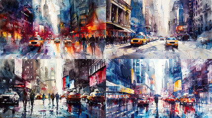 Urban cityscapes in watercolor, featuring layered washes that capture the hustle and bustle of city life with dynamic colors and textures
