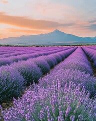 Naklejka premium Lavender Field at Sunset with Mountain View - Stunning Purple Landscape Photography.