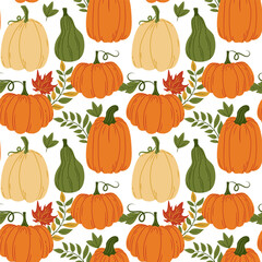 Colorful Pumpkins and Autumn Leaves Seamless Pattern. Thanksgiving Harvest Fall Pumpkin Holiday Food