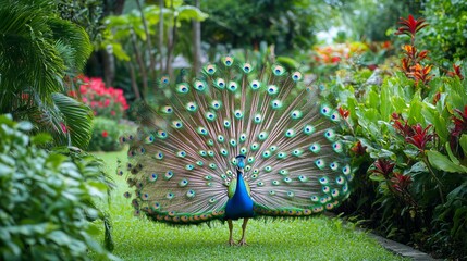 Obraz premium Majestic Peacock Strolling Through a Vibrant Garden - Stock Photo