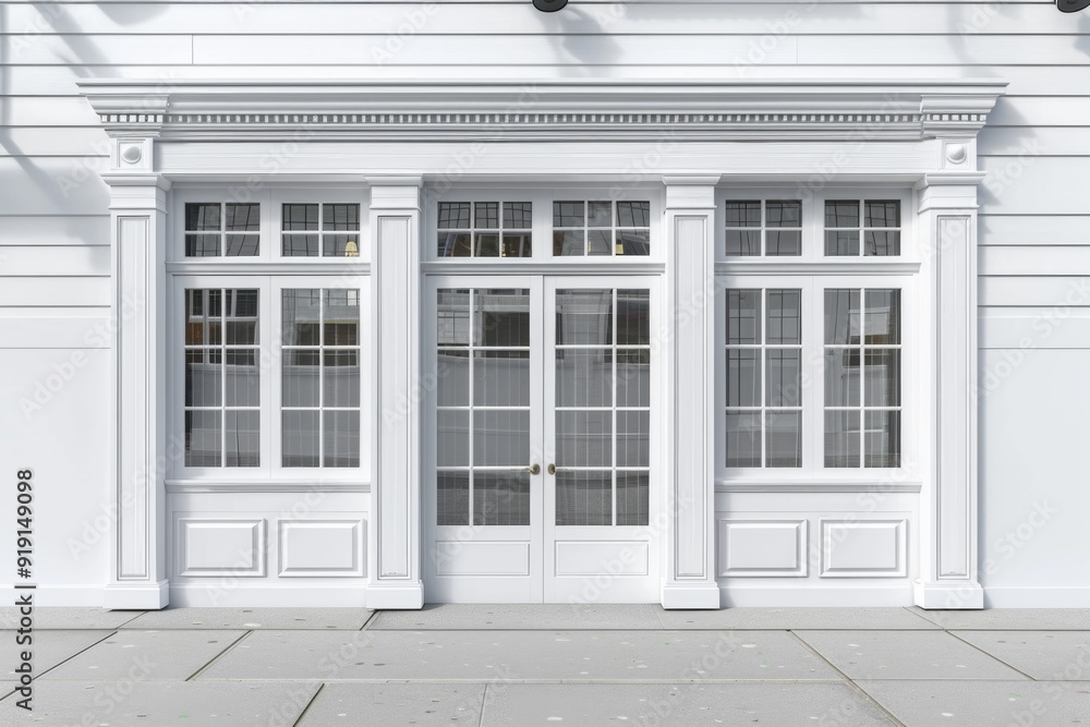 Poster a simple white building with two double doors and a fire hydrant outside, perfect for use in archite