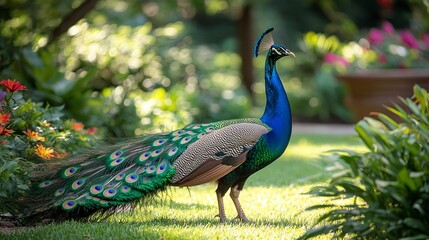 Obraz premium Majestic Peacock Strolling Through a Vibrant Garden - Stock Photo