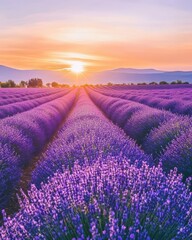 Fototapeta premium Vibrant Lavender Field at Sunset with Sunbeams and Mountains