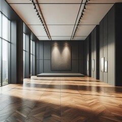 Fototapeta premium Modern empty gallery interior with mock up place on dark wall, wooden, flooring and windows with daylight. 3D Rendering. 