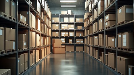 A large warehouse with many boxes on shelves