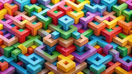 Fototapeta premium Colorful interlocking geometric squares form a challenging 3D puzzle, with each piece carefully crafted to fit together in a harmonious and intricate design.
