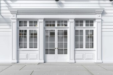 Fototapeta premium A simple white building with two double doors and a fire hydrant outside, perfect for use in architecture or urban planning contexts