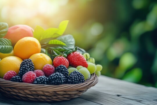 fruit in the backet with copy space.Soft light with nature background