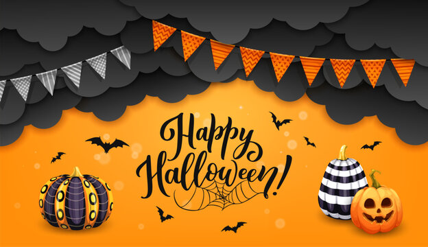 Halloween paper cut bats, holiday pennant, black clouds and patterned pumpkins. Fall season horror celebration, Happy Halloween festive party, October holiday paper cut vector background or banner