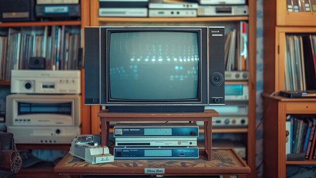Surrounded by vintage electronics and books, an old TV creates a nostalgic vibe, ideal for retro tech enthusiasts and those who cherish the past