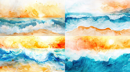 Vibrant watercolor washes of beach waves and sunrays, dynamic blues and oranges, creating a lively and summery vibe 