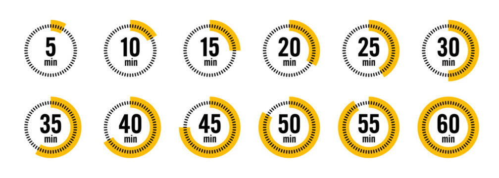 Simple stopwatch icons. Colorful chronometer, time counter with dial. Countdown timer showing hours and minutes. Deadline, measurement for sport. Cooking time label, sticker. Vector illustration